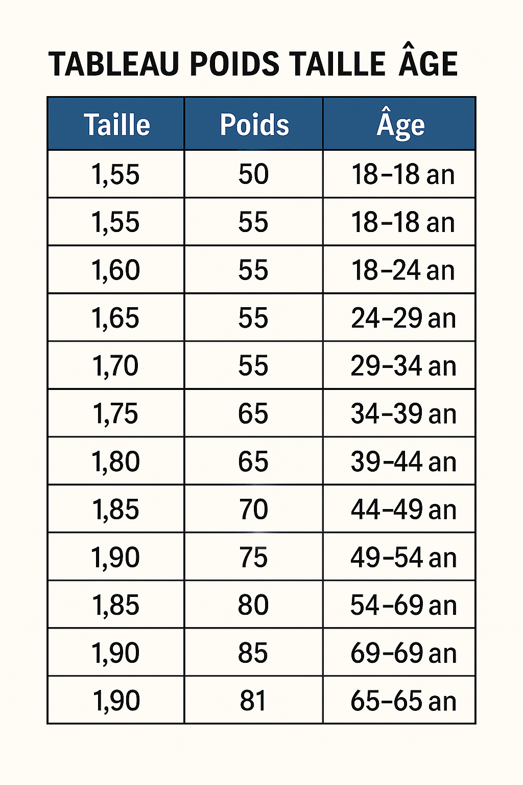 poids/taille âge tableau